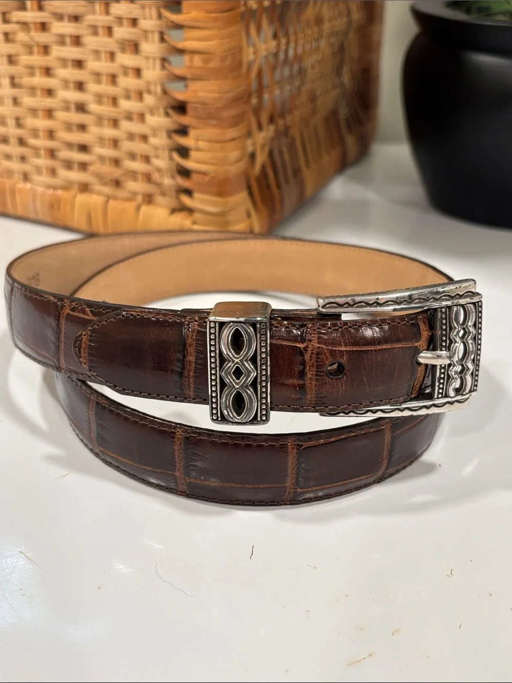 Brighton Brown Crocodile-Embossed Leather Belt with Silver Decorative Buckle